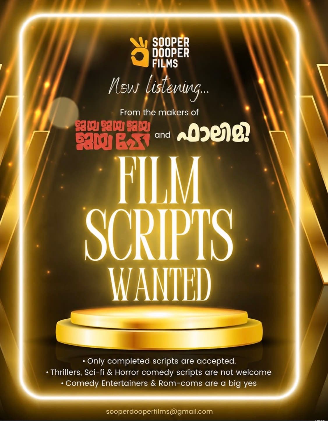 Malayalam Film Scripts Wanted
